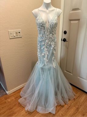 Camille La Vie Light Blue & White Lace Mermaid Maxi Dress